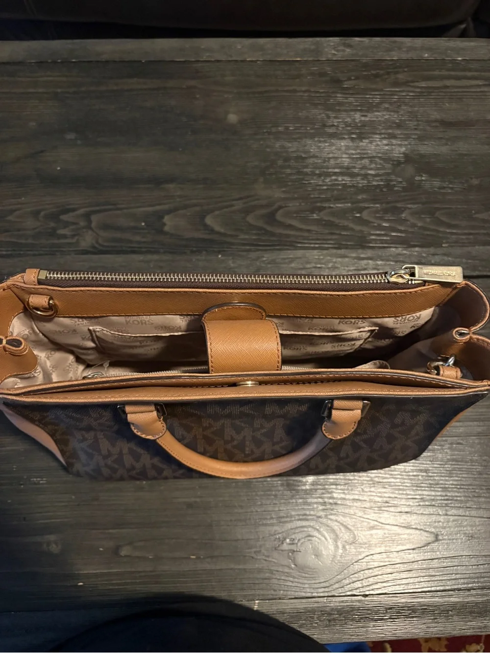 Michael Kors Dark Brown MK Logo Satchel with Tan Leather Trim